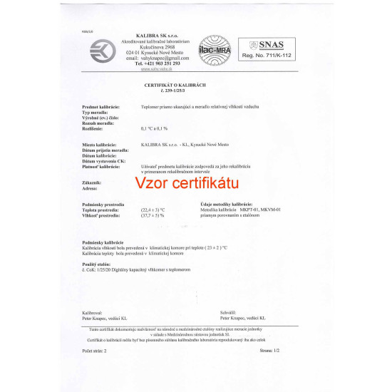 Kalibrovaný vlhkomer s teplomerom DC102 pre ambulancie (10, 15, 20, 25, 30 °C / 30, 50, 70 %)