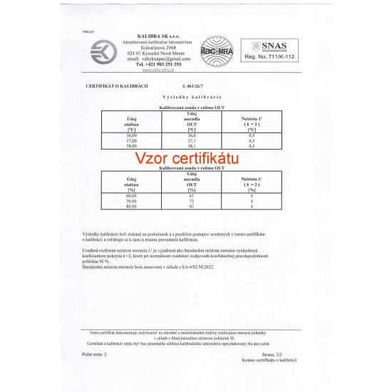 Vlhkomer s teplomerom HTC3 s externou sondou do liahne s certifikátom o kalibrácii (36, 37, 38 °C / 60, 70, 80 %)