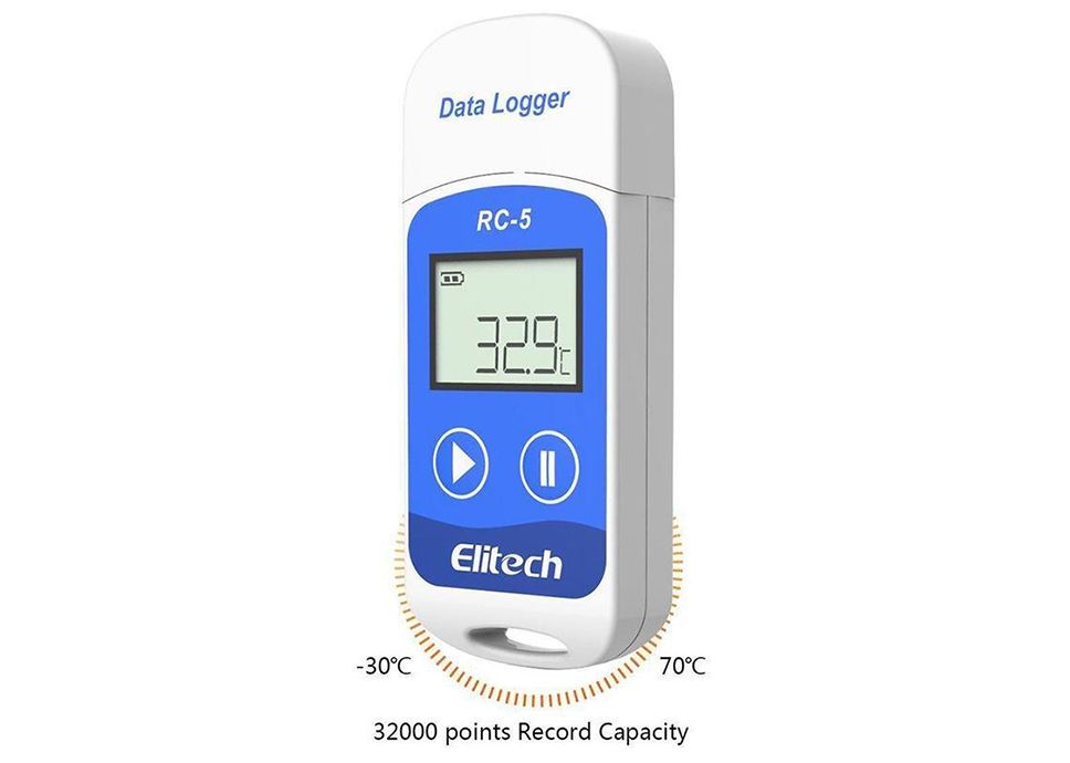 Záznamník teploty Elitech RC5 do chladničky a mrazničky s certifikátom o kalibrácii (−25, −22, −20, −18, −15, 0, 4, 6, 8, 10 °C)