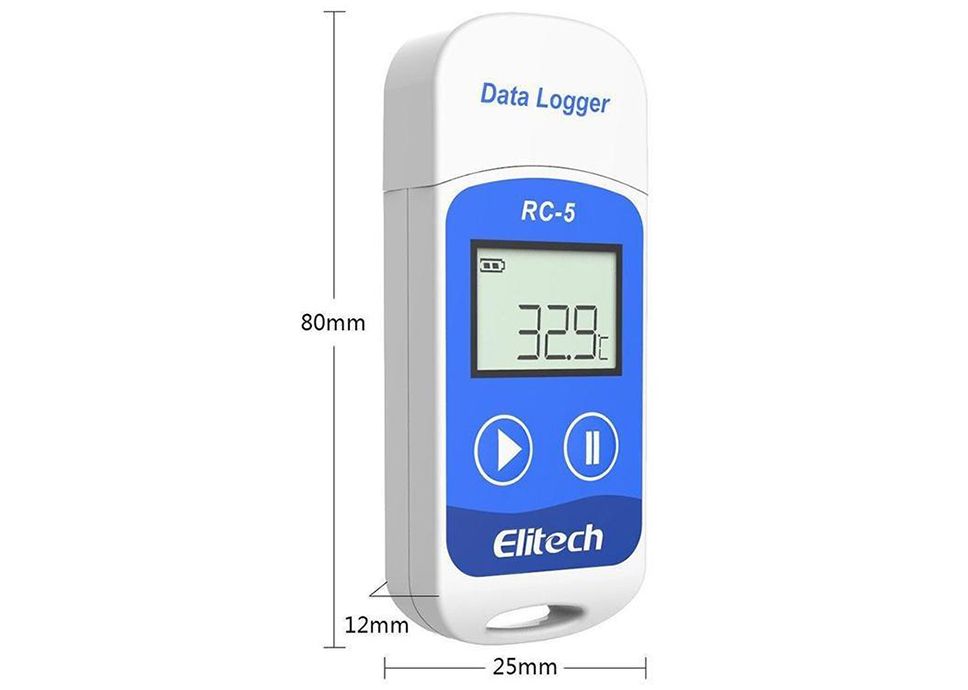 Záznamník teploty Elitech RC5 do chladničky a mrazničky s certifikátom o kalibrácii (−25, −22, −20, −18, −15, 0, 4, 6, 8, 10 °C)
